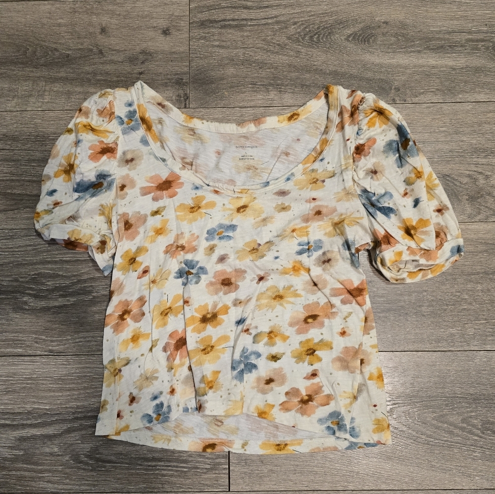 Anthropologie Sz L Floral Puff Sleeve Top